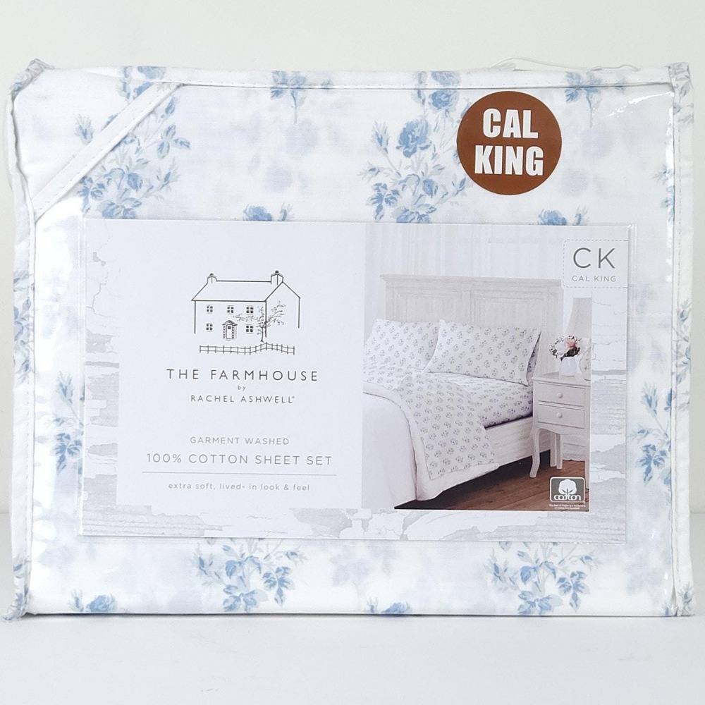 The Farmhouse Rachel Ashwell Cal King Sheet Set 18" Deep Blue Rose Shabby Chic